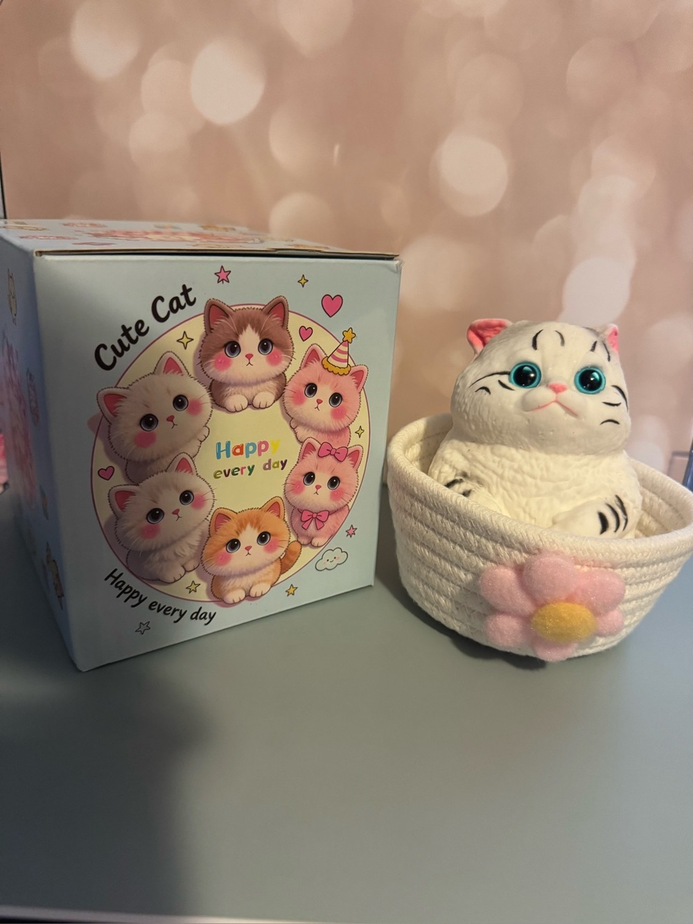 Cute Cat Plush in White with Pink Flower Basket